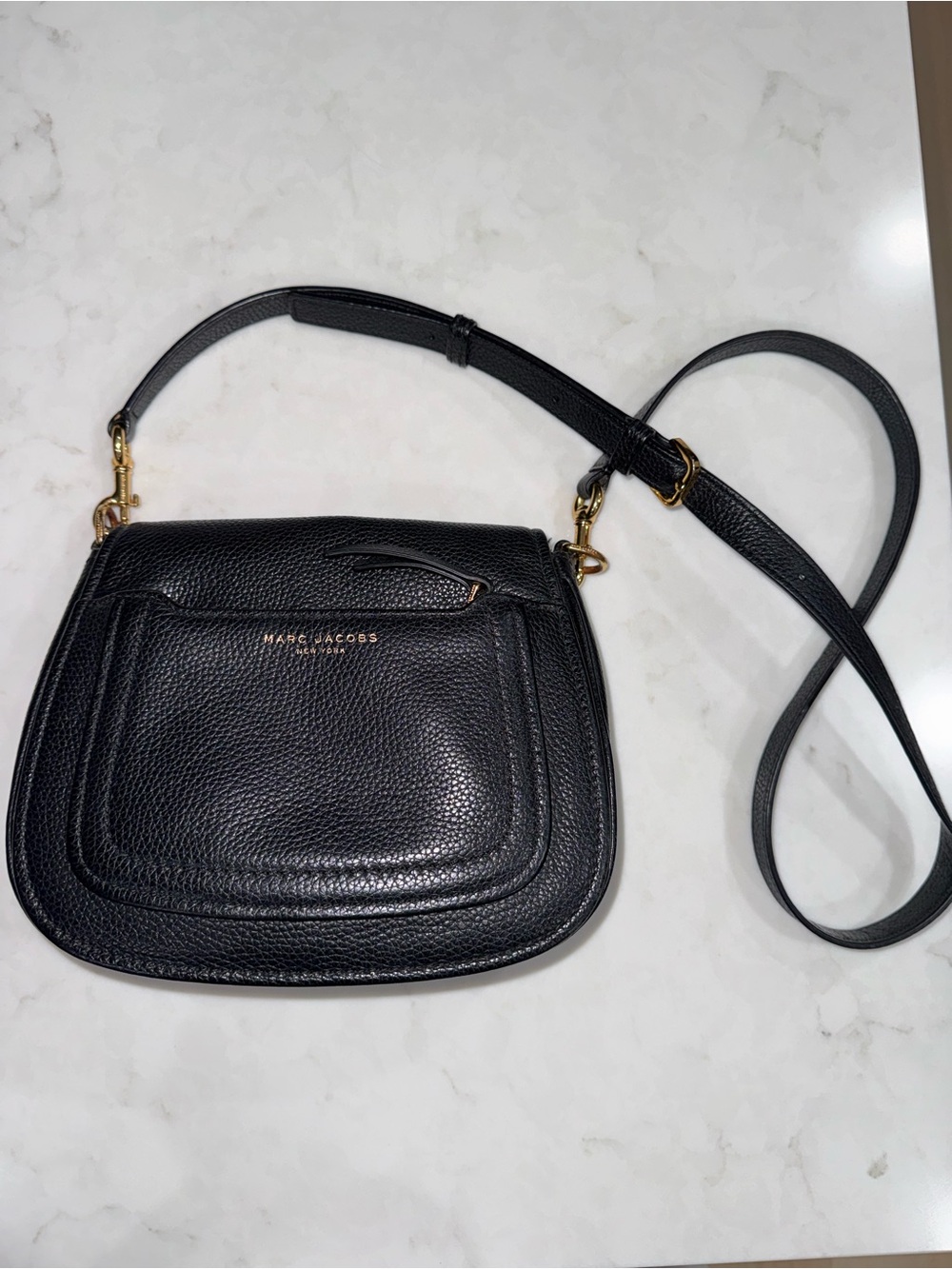 Marc Jacobs Black Pebbled Leather Saddle Crossbody with Gold Hardware